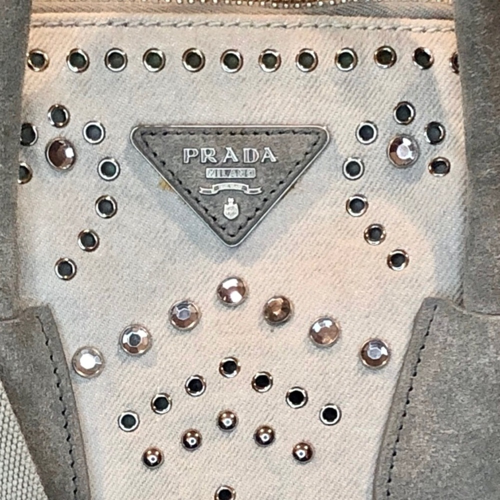 PRADA Canapa Bijoux 2-Way LT Grey Canvas Tote Bag Adorned with Crystals & Studs